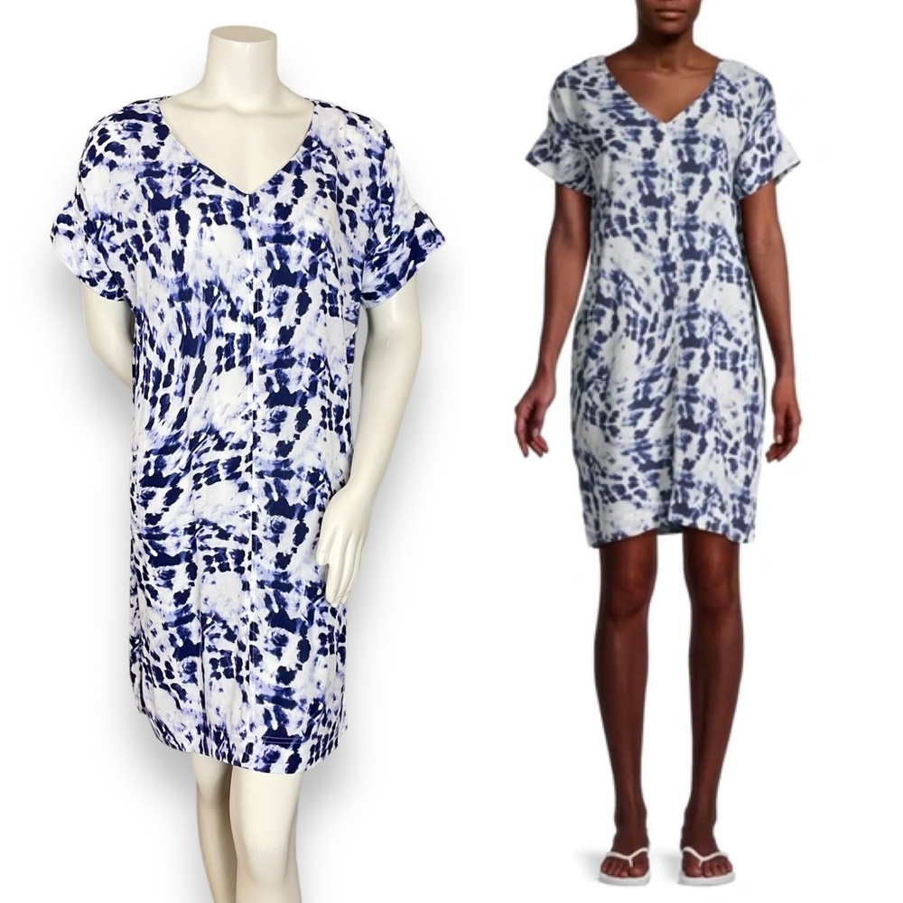 Studio B by‎ Bobeau Dress Tie-Dye Blue White Shift Size Large Short Sleeve Rayon